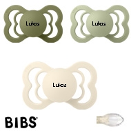 BIBS Supreme Sutter med navn, 1 Olive, 1 Sage, 1 Ivory, Symmetrisk Silikone str.2 Pakke med 3 sutter